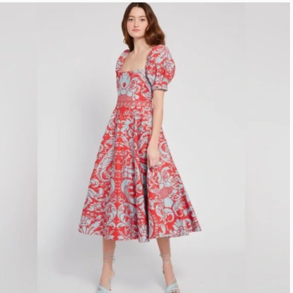 ALICE + OLIVIA FREDIA PUFF SLEEVE MIDI DRESS IN SIZE 6